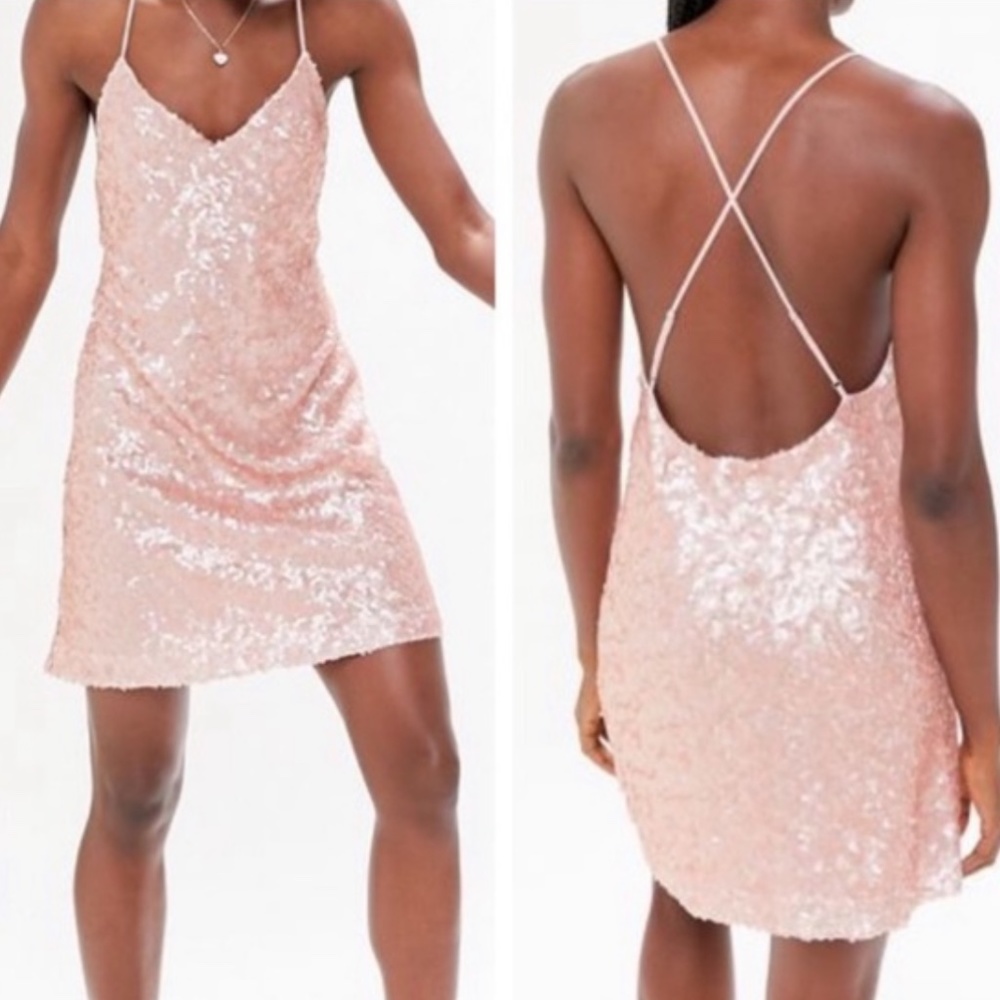 NWT Urban Outfitters Confetti Sequin Open Back Cami Dress Pink S Rose.